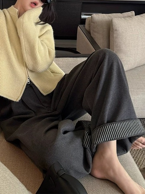 New Textured fleece-lined versatile thick woolen trousers K010608