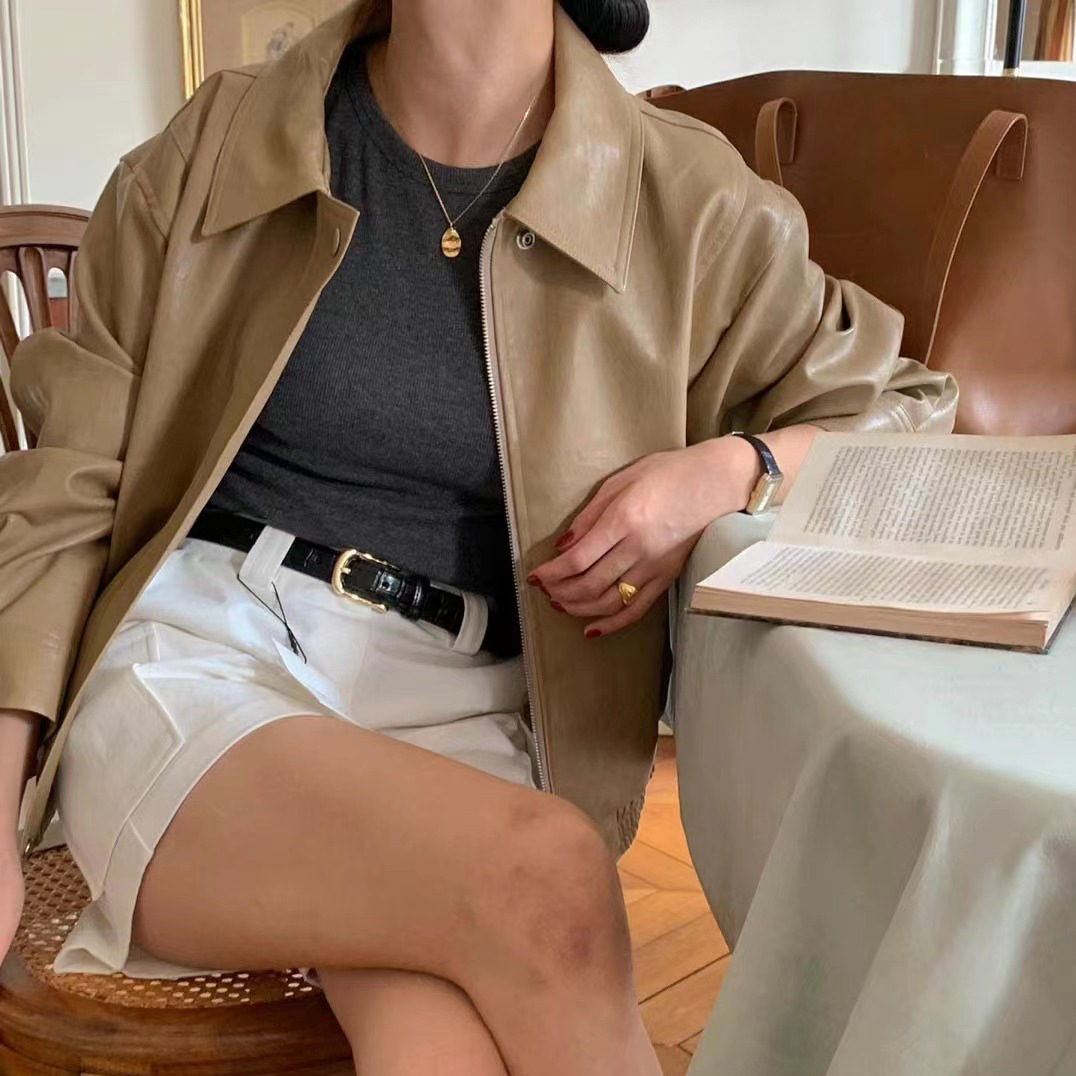 Korean New Retro Fashion Long-Sleeved PU Leather Jacket K010613