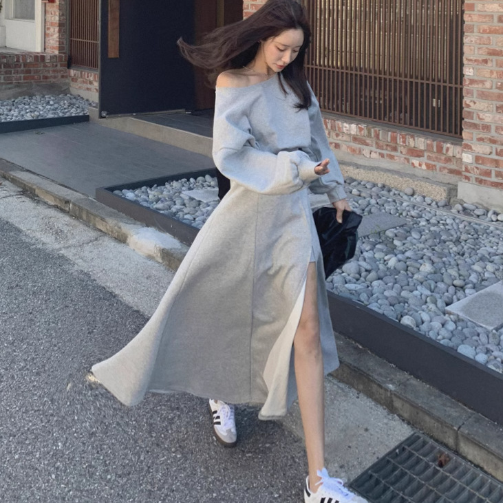 Korean chic New trendy off-shoulder cropped sweatshirt + side-slit maxi skirt set K010617