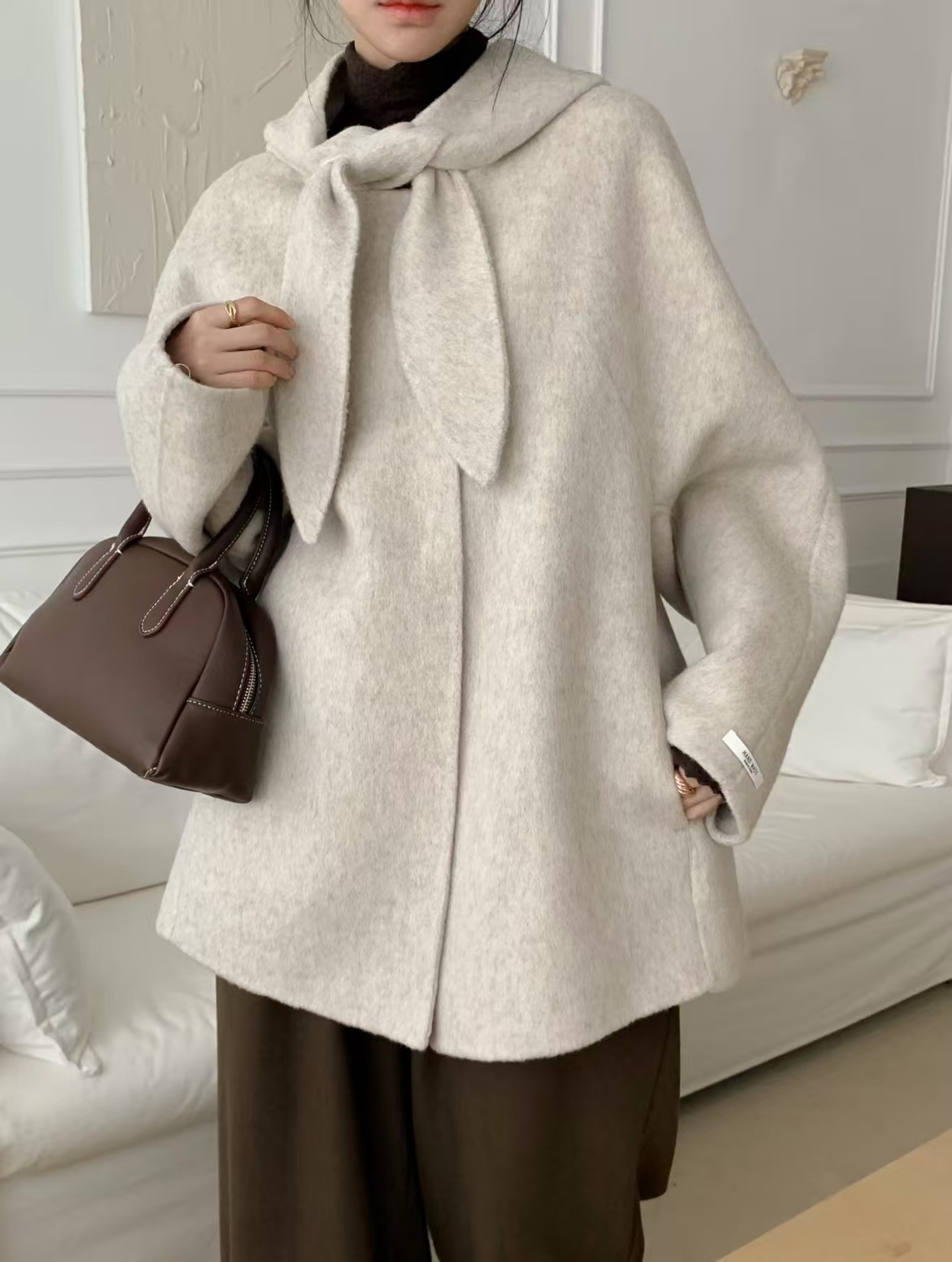 Korean-style French flai tie-neck bow Women Wool Jacket K010618