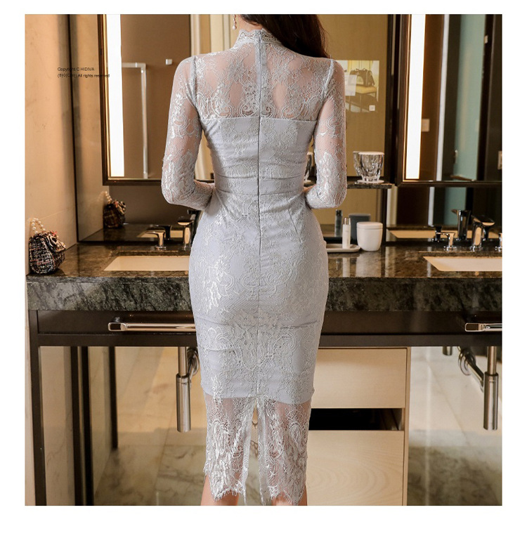 New Elegant stand-up collar lace trim high-waisted slim-fitting pencil dress K25121105