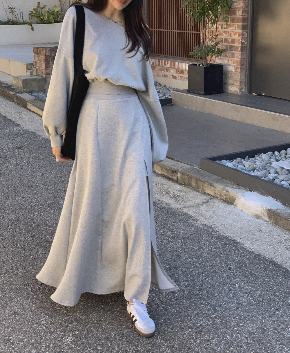 Korean chic New trendy off-shoulder cropped sweatshirt + side-slit maxi skirt set K010617