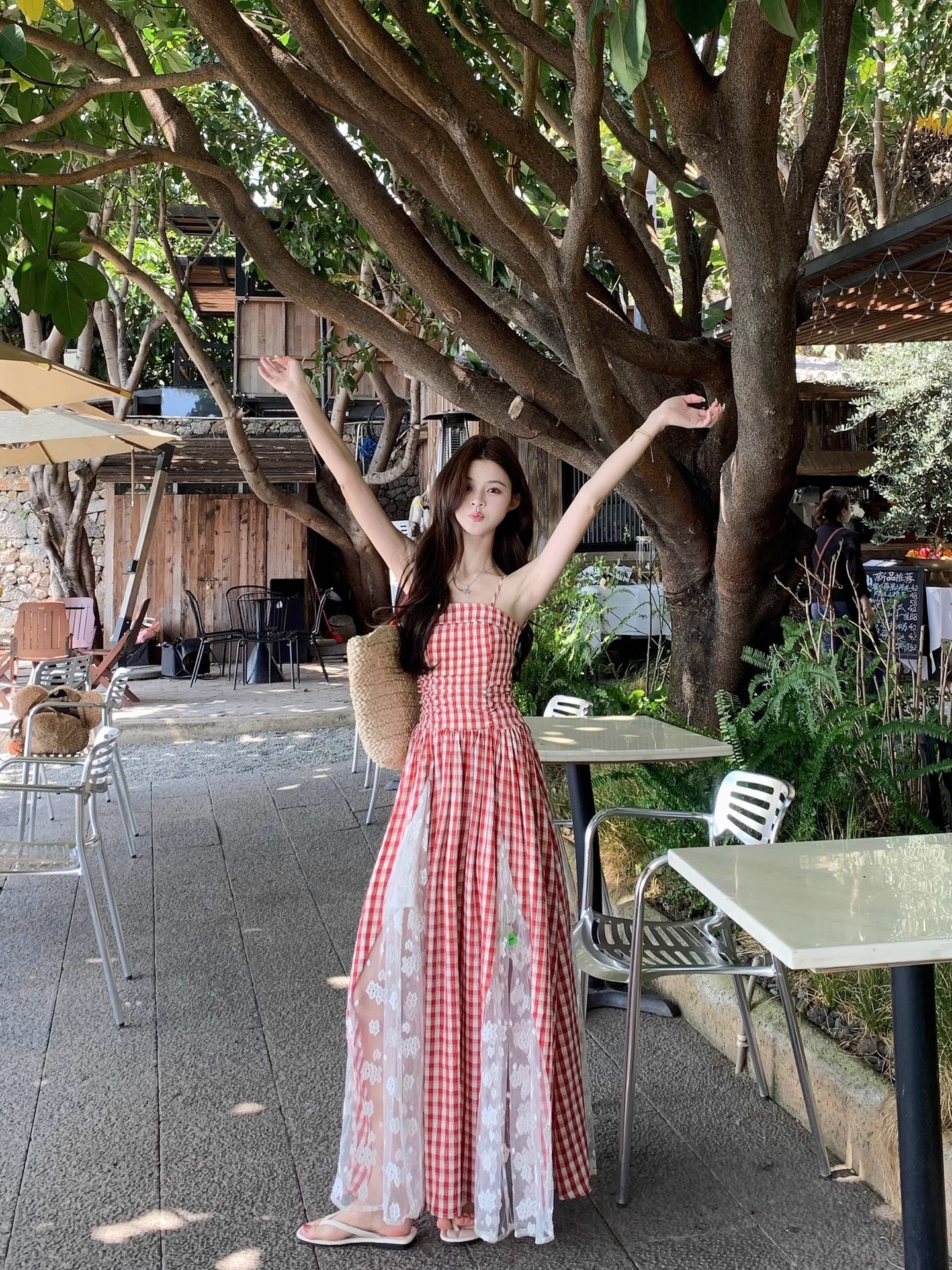 Gingham Spaghetti Strap Maxi Dress Red Plaid Boho Beach Long Dress K26033103