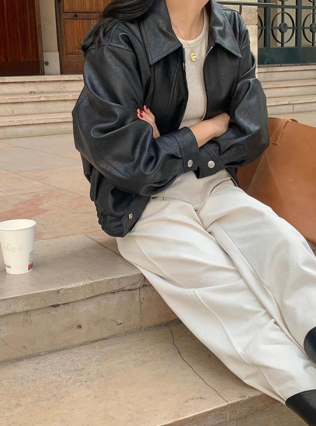 Korean New Retro Fashion Long-Sleeved PU Leather Jacket K010613