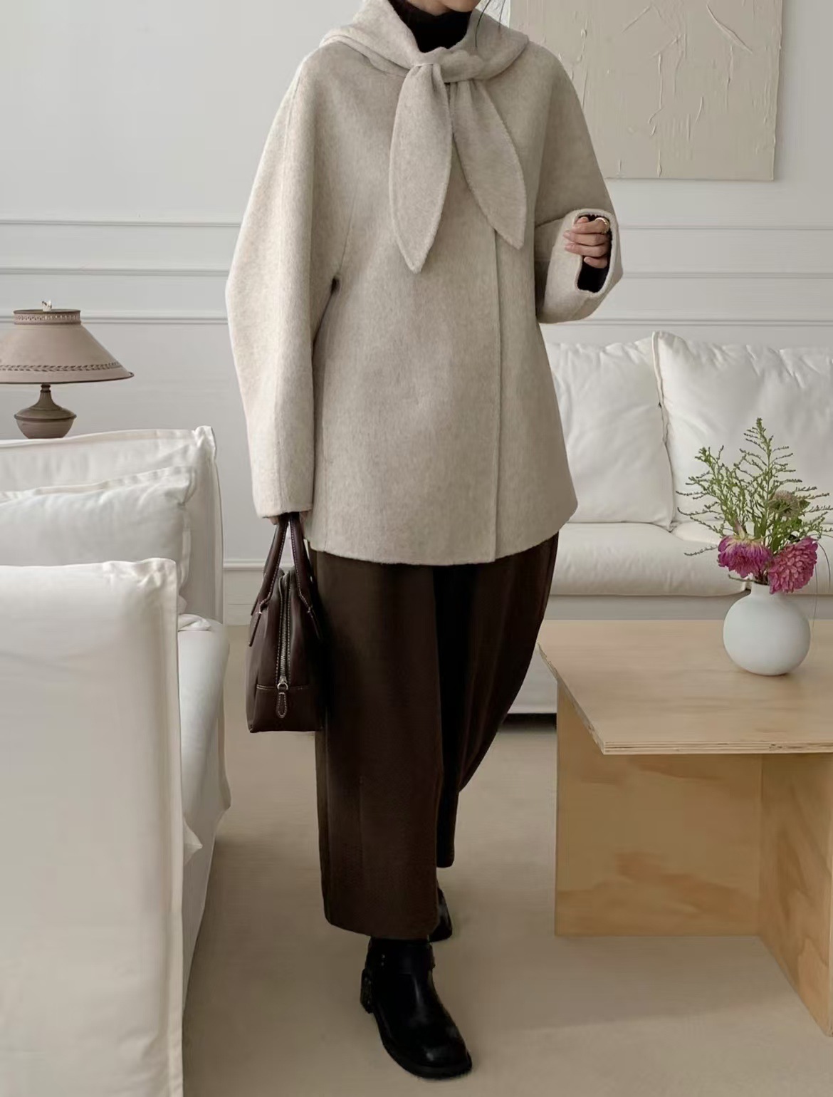 Korean-style French flai tie-neck bow Women Wool Jacket K010618