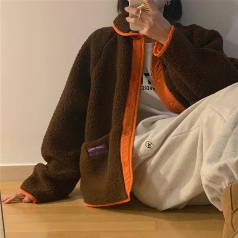 Korean style reversible color-blocked lamb cotton-padded jacket for women K010623