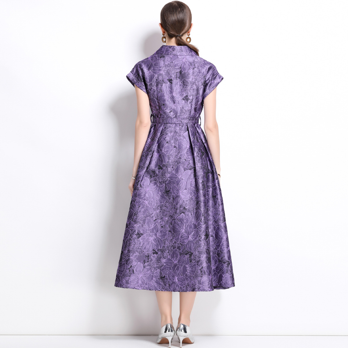 New S/S Elegant  jacquard short-sleeved lapel long dress K26011207