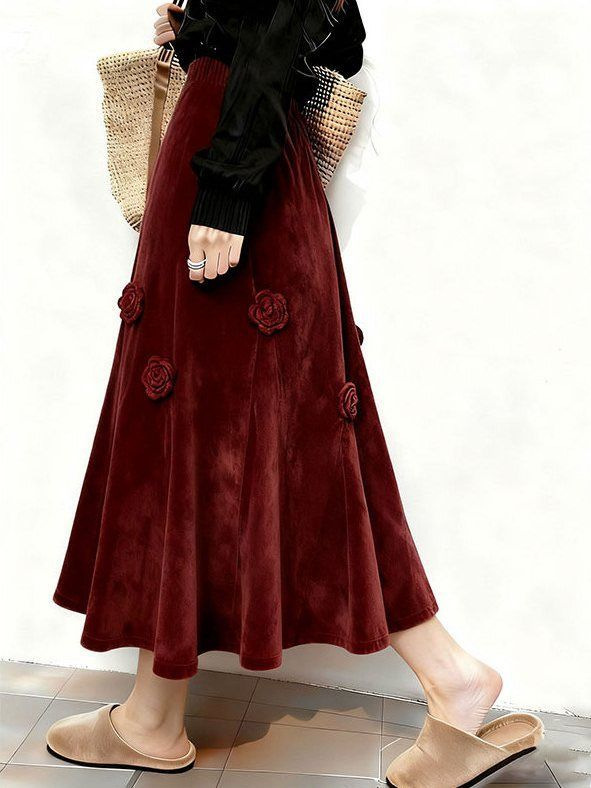 New Elegant 3D floral velvet midi A-line silhouette skirt K26012007