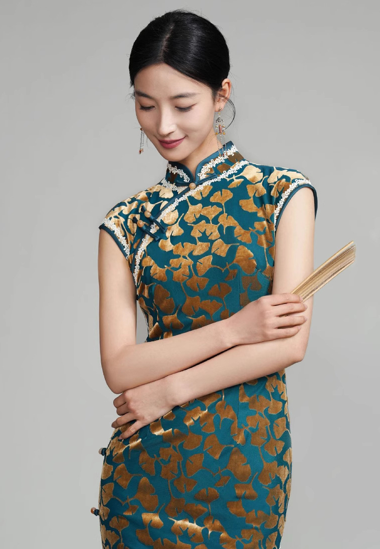 Vintage Velvet Gold Print Improved Cheongsam Elegant Slim Slit Maxi Dress K26012802