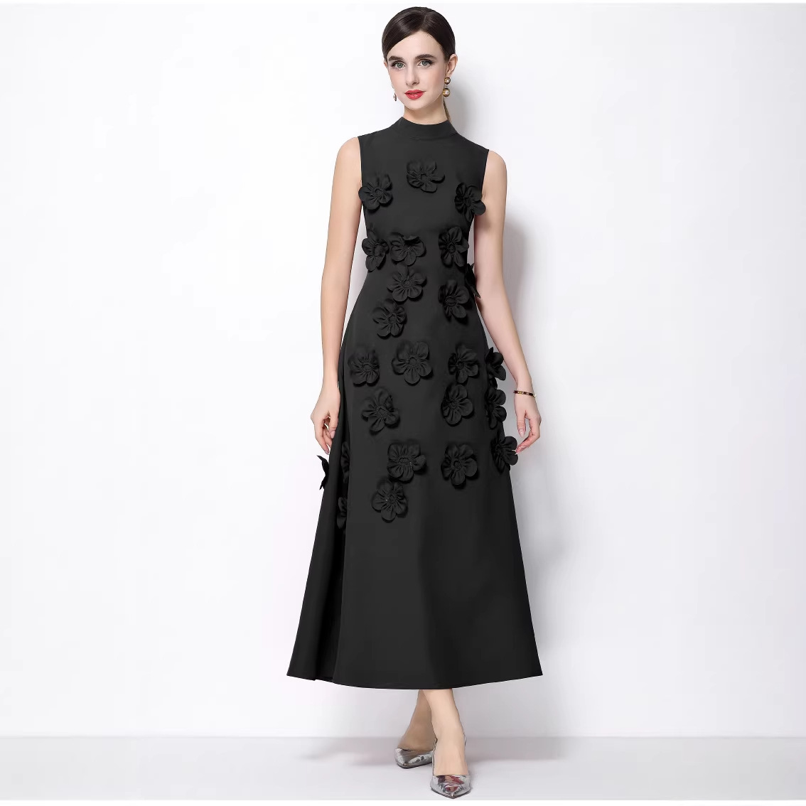 Elegant 3D Flower Patchwork Sleeveless High Neck Maxi Gown Wedding Guest Dress K26032403