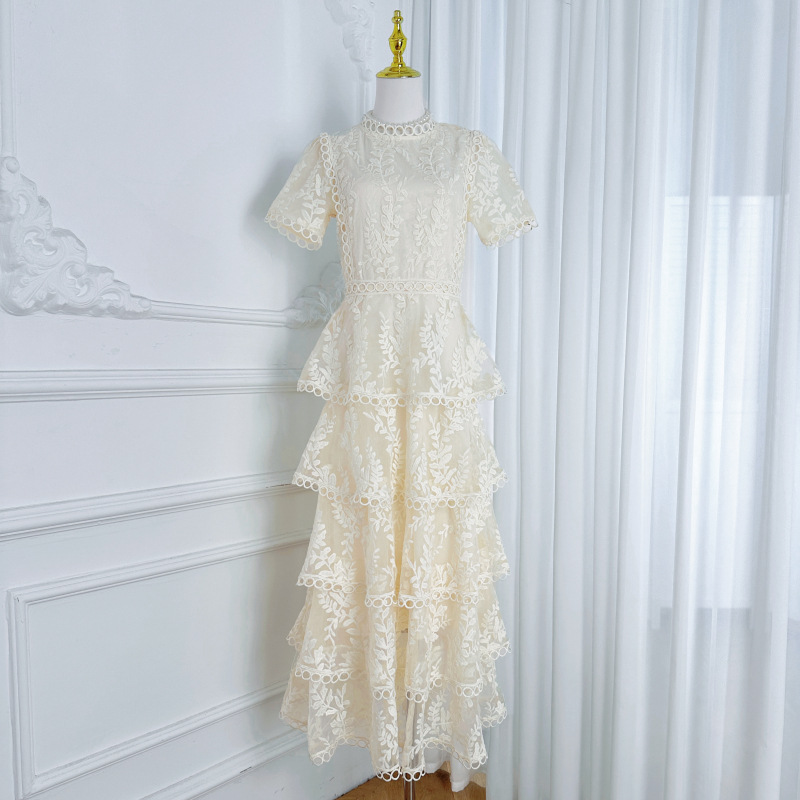 Short Sleeve Floral Lace Tiered Midi Dress Elegant Cocktail Party Dress K26032404