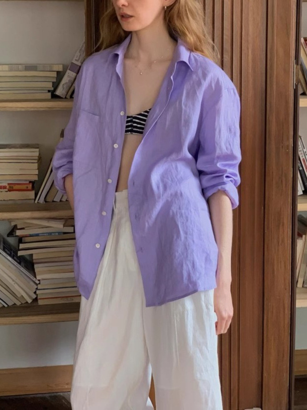 Natural Linen Long Sleeve Button Down Shirt Lavender Casual Oversized Blouse K26032405