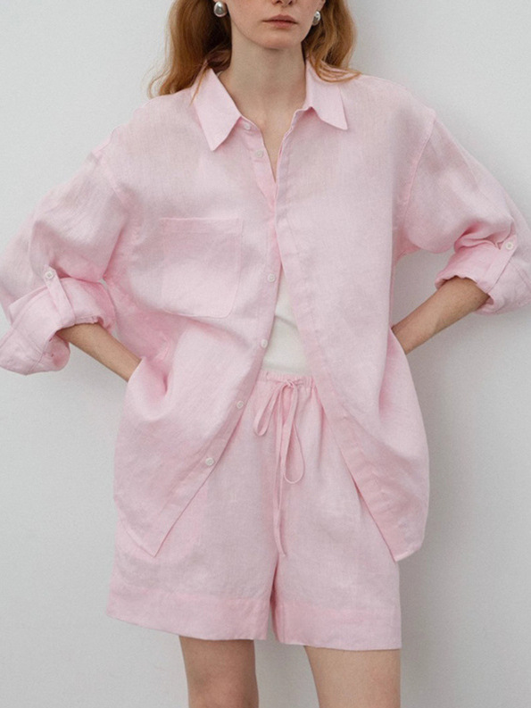 Classic Linen Long Sleeve Shirt And Shorts Set Women Casual Two Piece Outfit K26032406