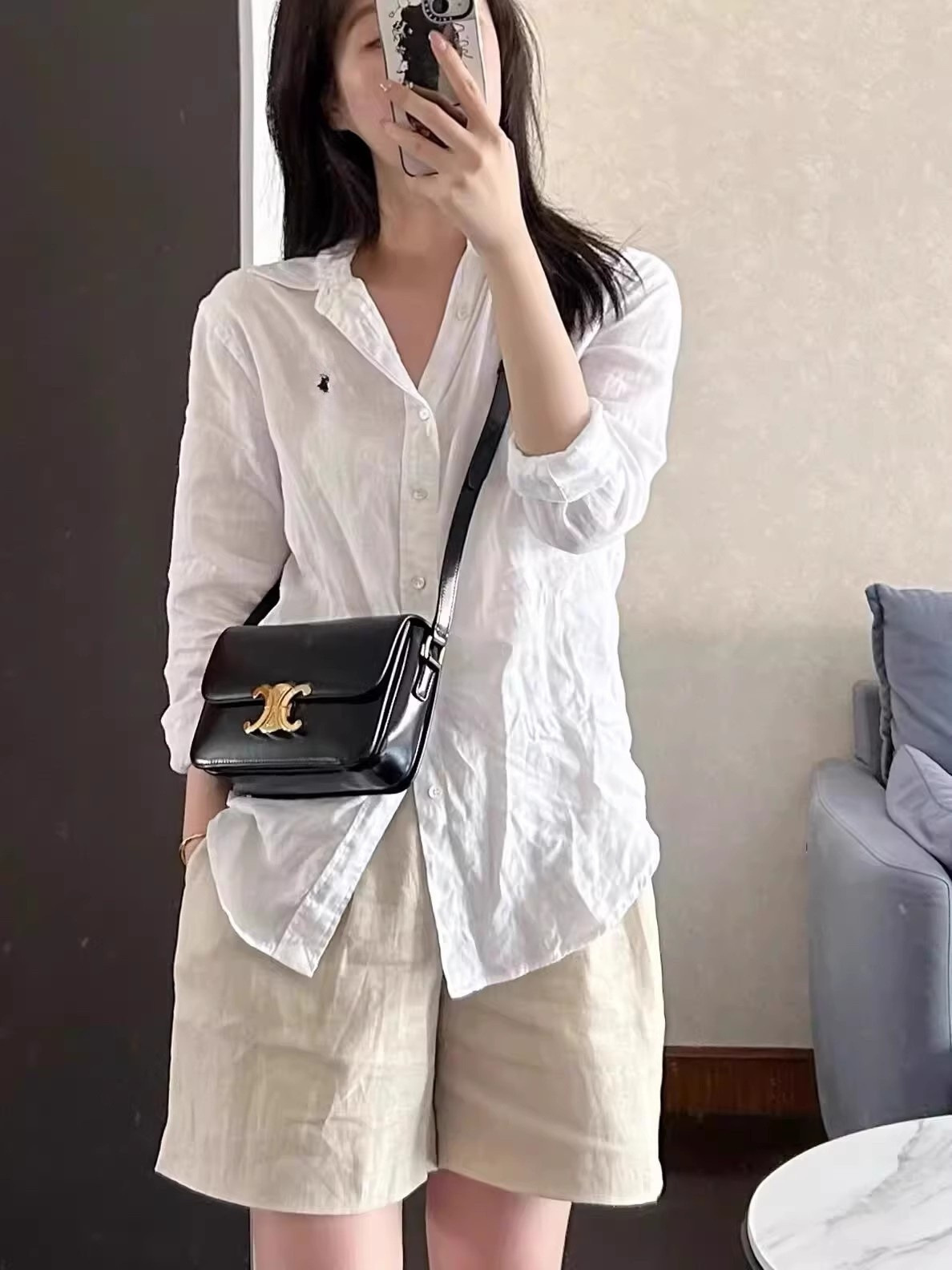 Linen Long Sleeve Button Down Shirt With Small Horse Embroidery Loose Fit Sun Protection Blouse K26032407
