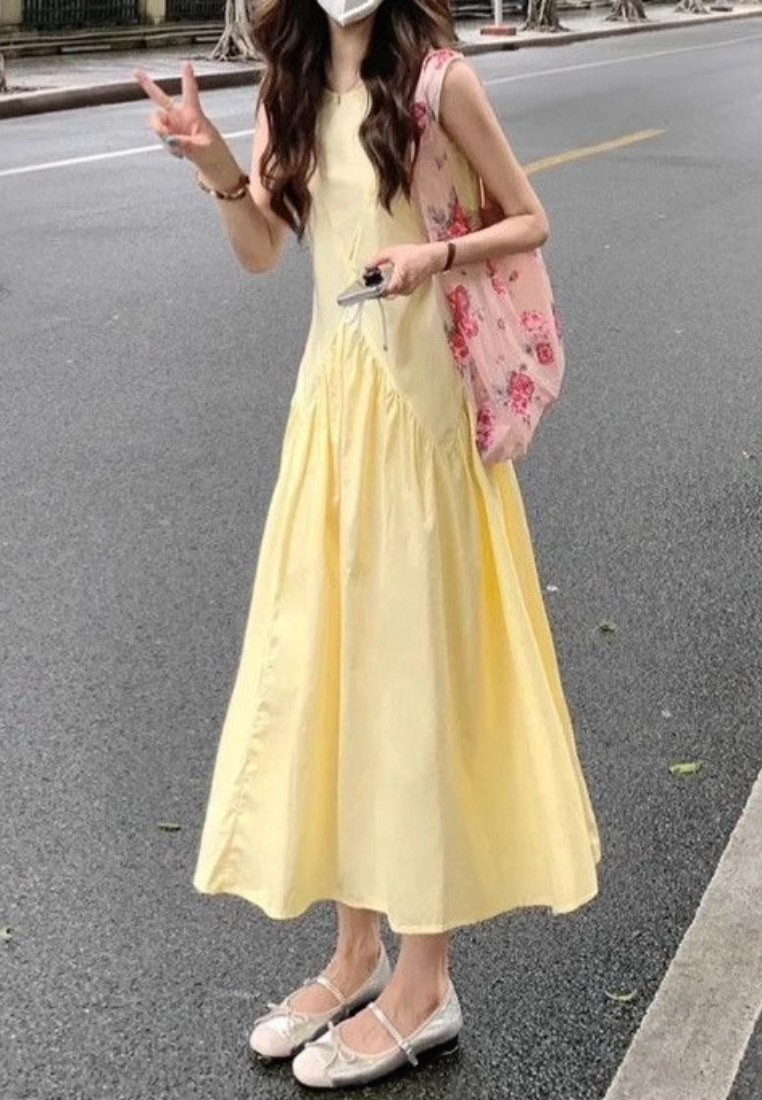 Sleeveless Tank A Line Maxi Dress French Style Yellow Summer Casual Dress K26033101