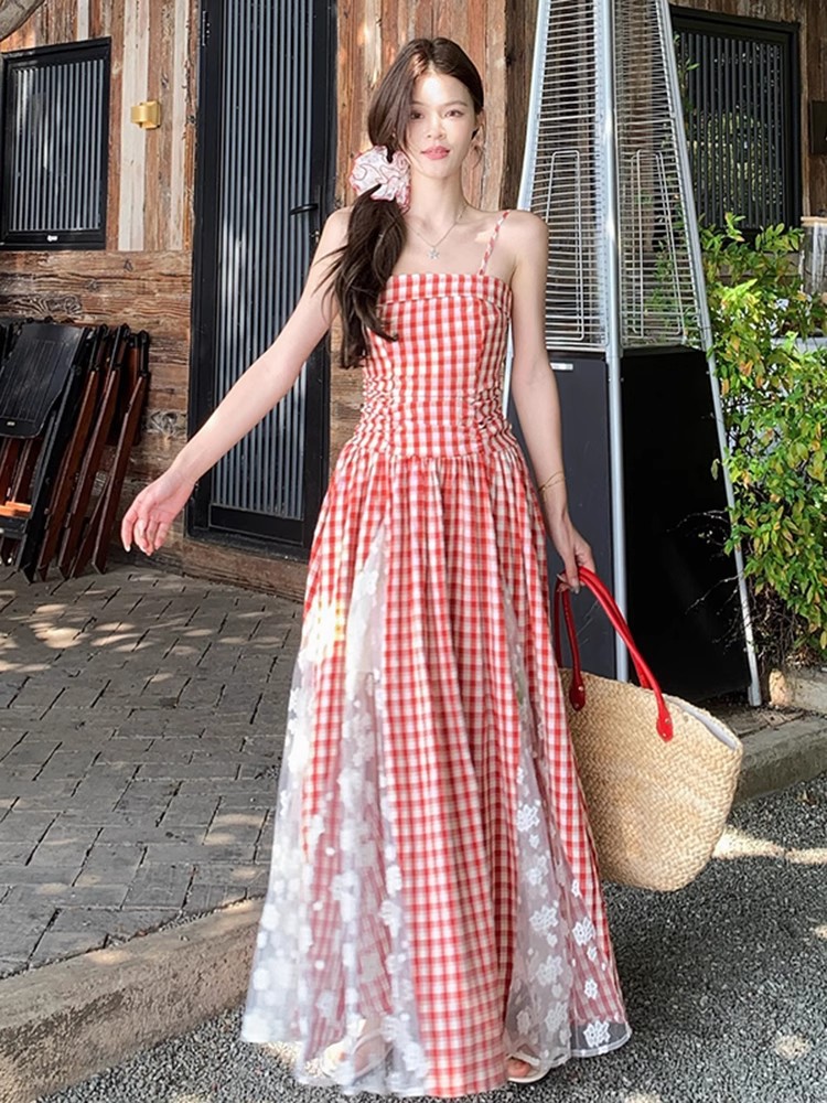 Gingham Spaghetti Strap Maxi Dress Red Plaid Boho Beach Long Dress K26033103