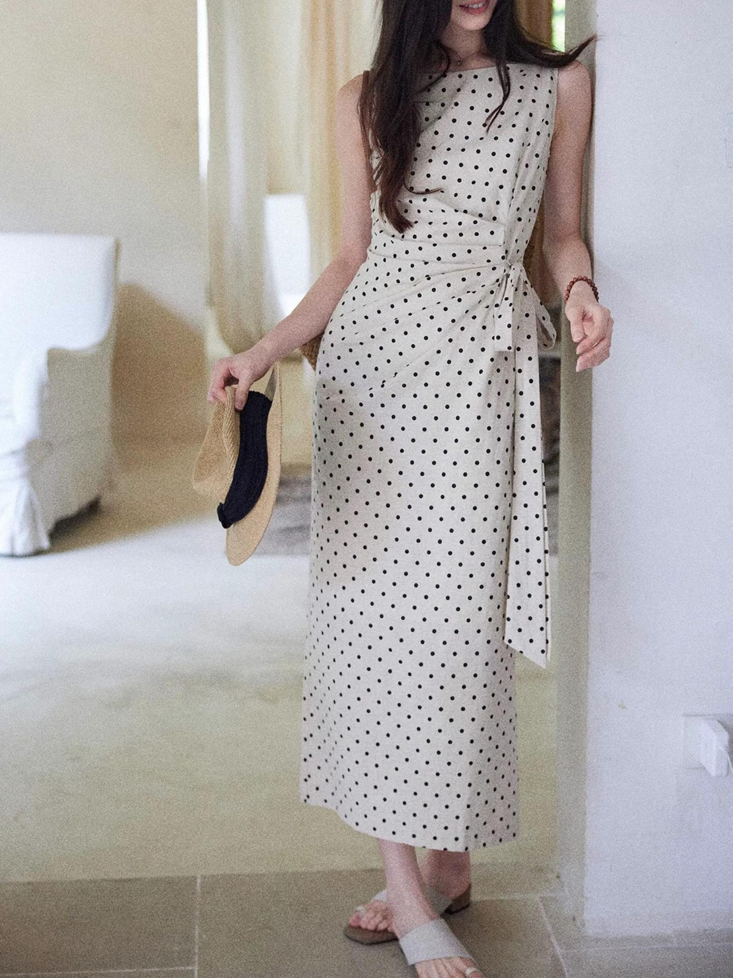 Polka Dot Linen Blend Sleeveless Maxi Dress French Style Waist Tie Wrap Dress K26033109
