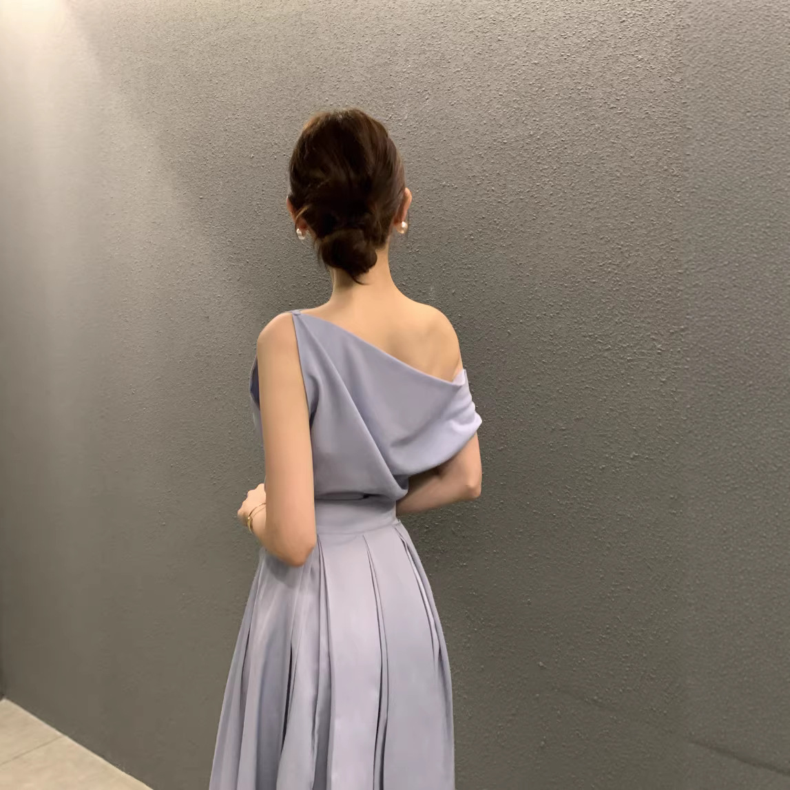 Chic Style Asymmetric Neck Top With Pleated Midi Skirt Two Piece Set K26050507
