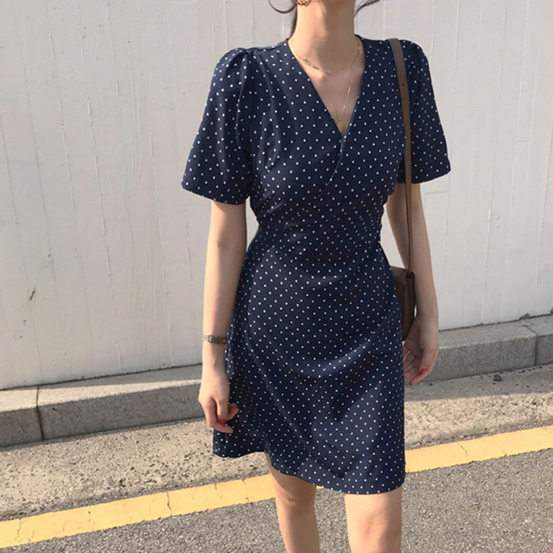 Chic Style Polka Dot V-Neck Short Sleeve Wrap Mini Dress K26051102