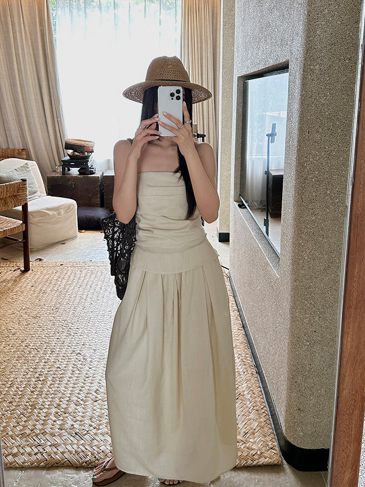 French ruched tube top and maxi skirt set K26051201