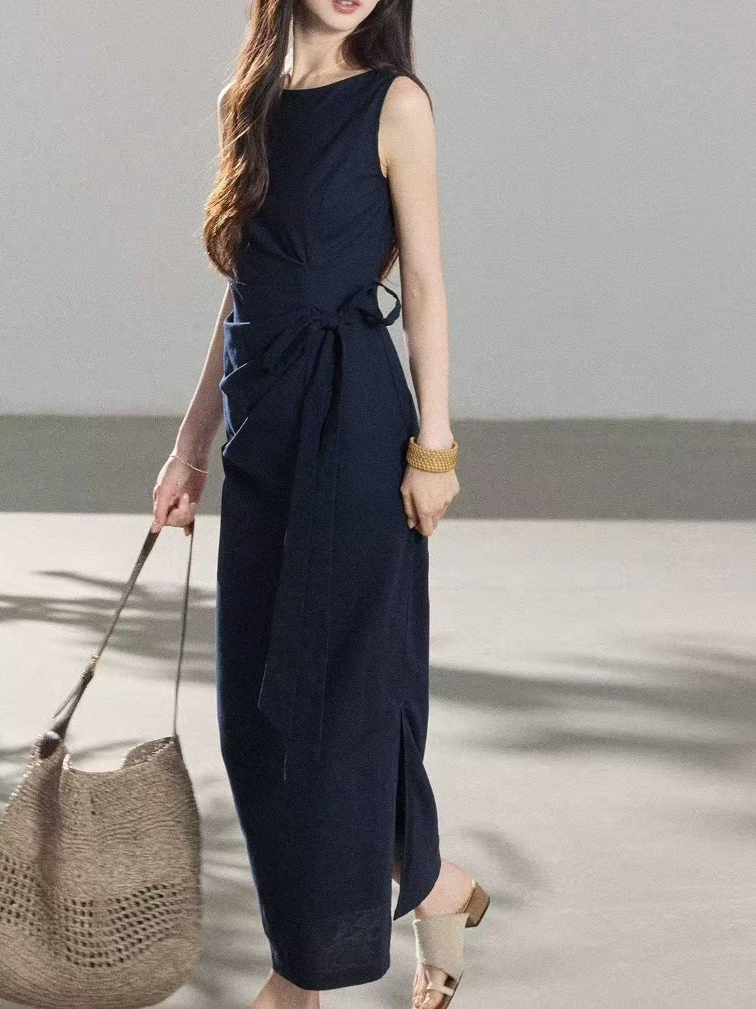 Elegant tie waist sleeveless linen maxi dress K26051205