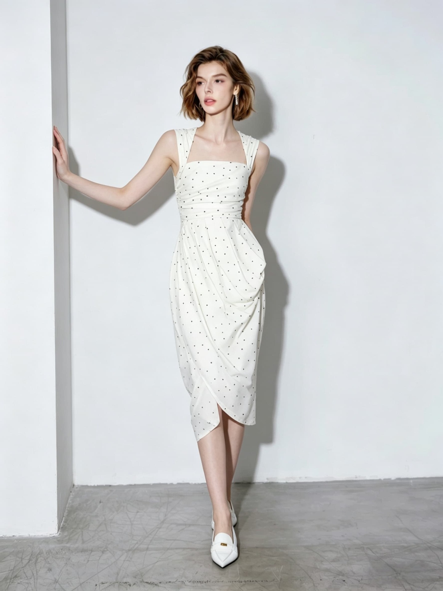 Elegant polka dot ruched midi dress K26051207