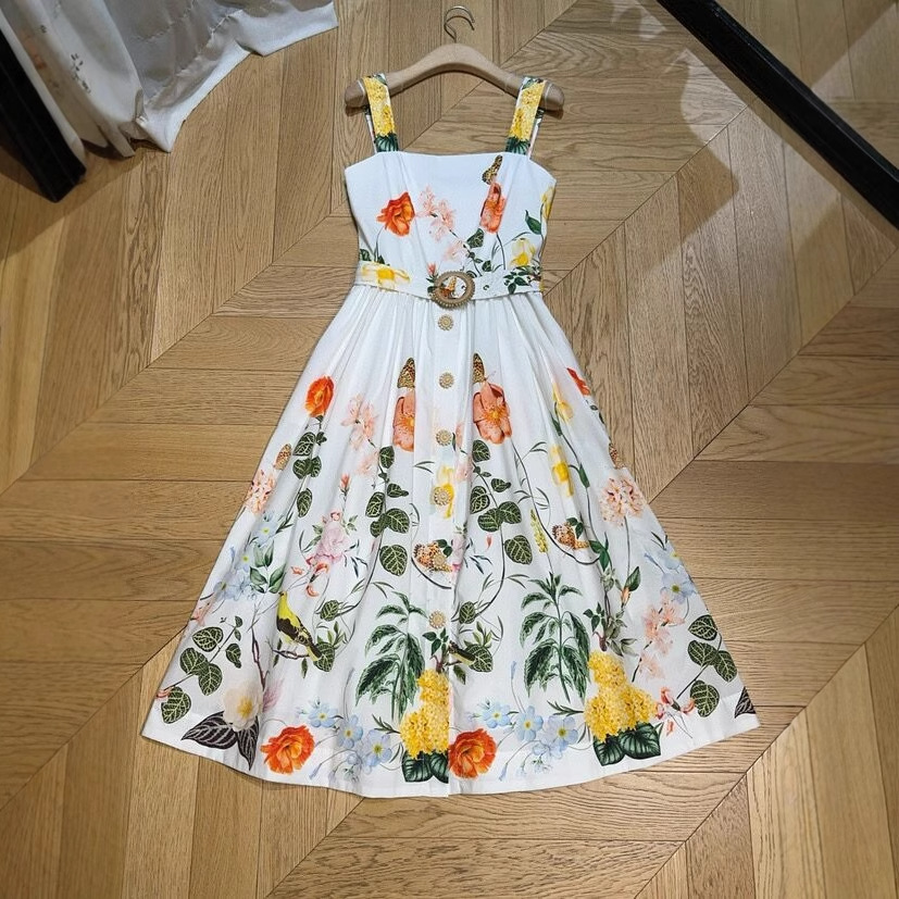 Romance New floral print belted square neck midi dress K26051302