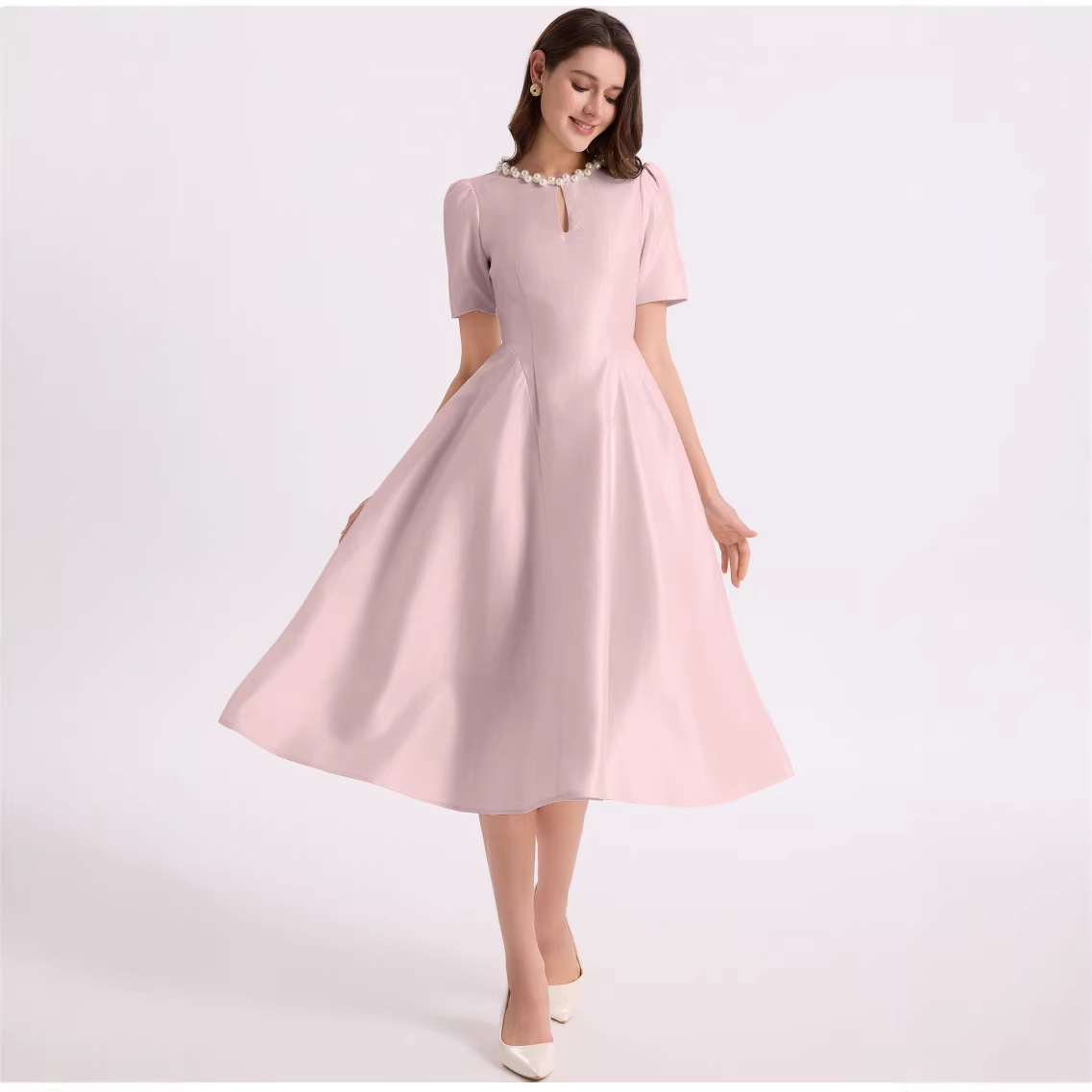 Elegant pearl neck short sleeve midi dress K26051308