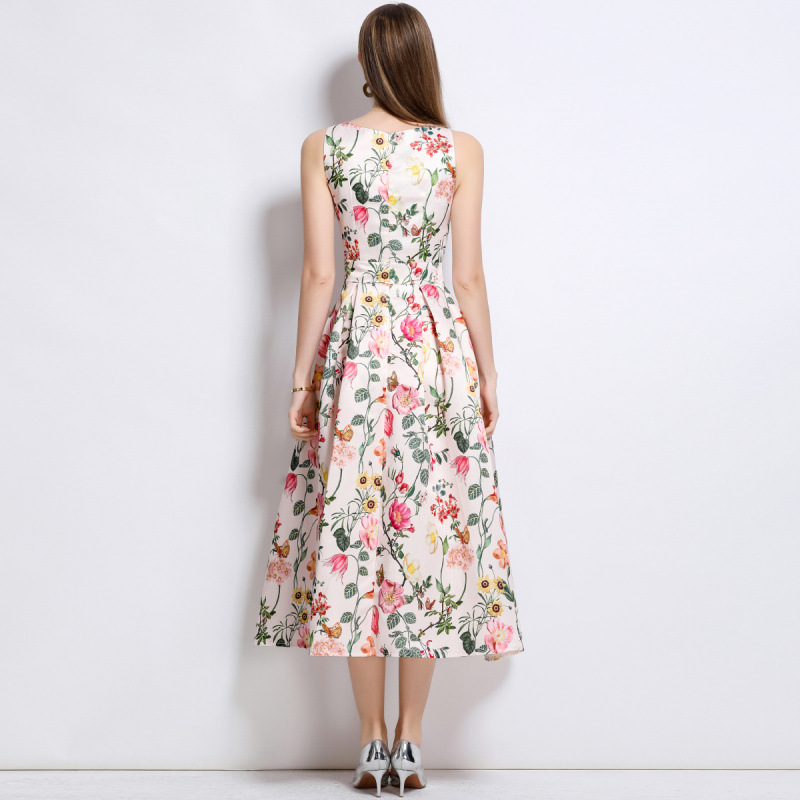 Romantic floral print sleeveless fit and flare midi dress K26051309