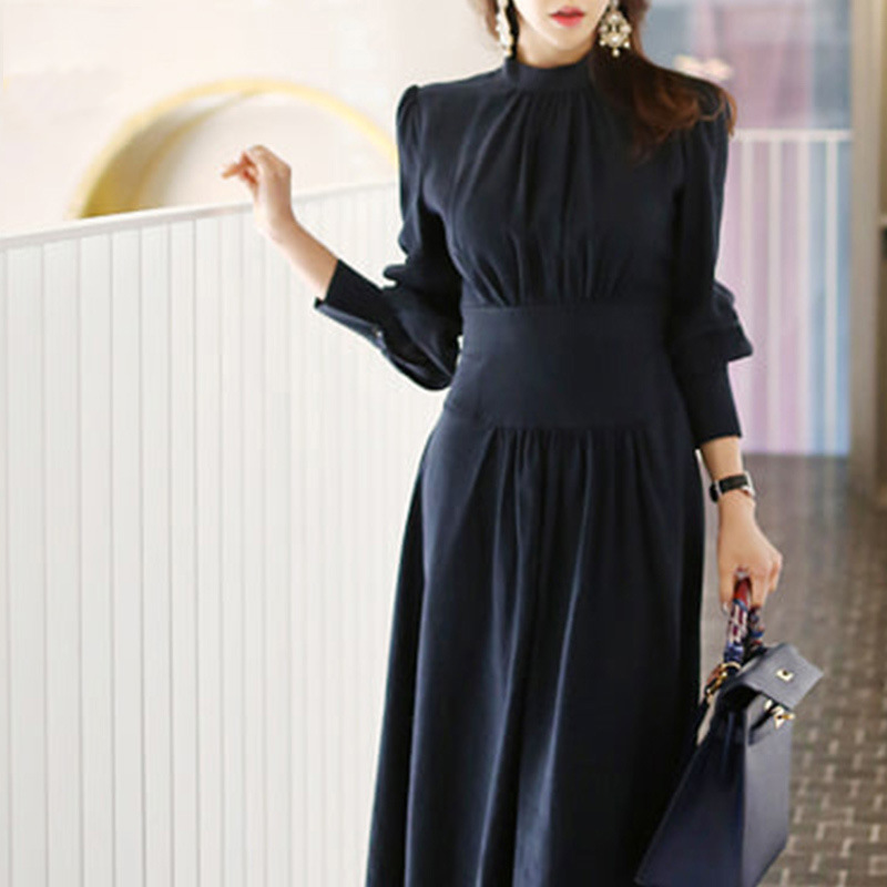 New Elegant stand-up collar lantern sleeve high-waisted slim-fit dress K25121106