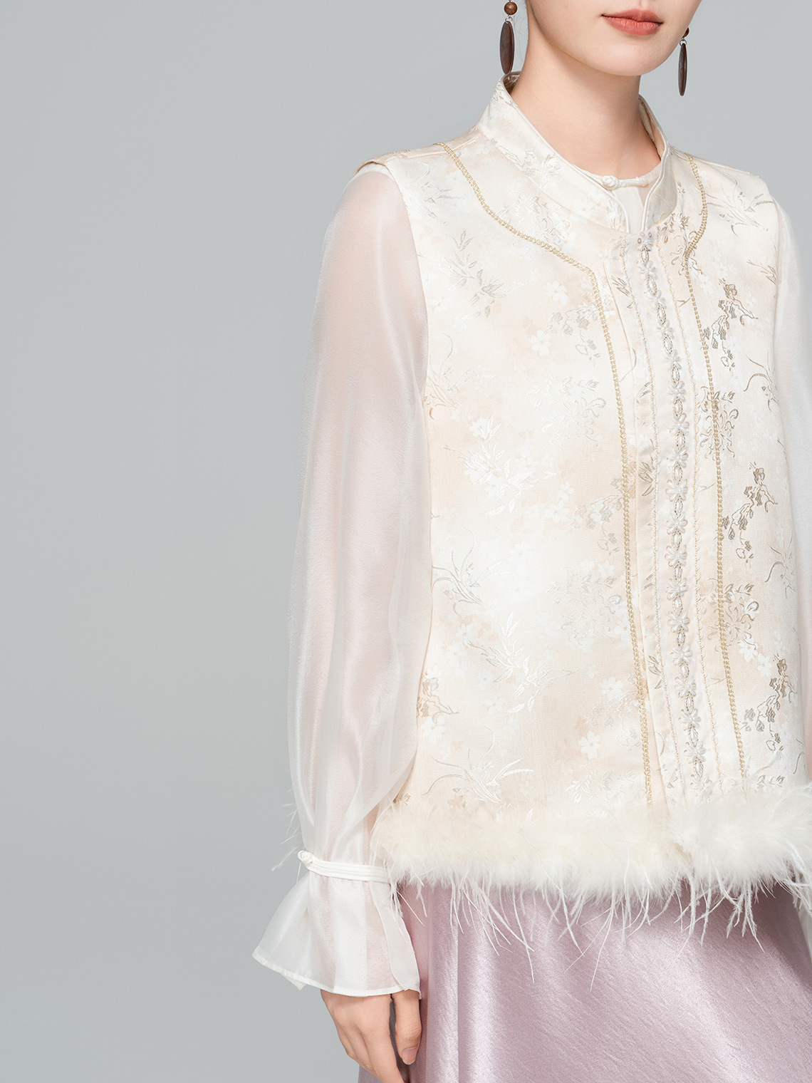 Stand Collar Jacquard Furry Vest Top CA2025121512W