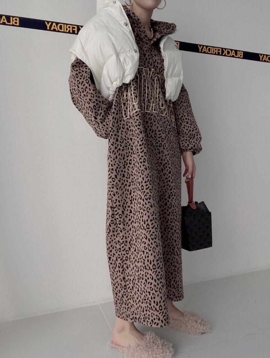 Korean early spring new arrival versatile letter leopard print hooded loose dress K010610