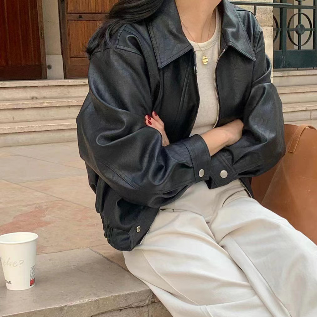 Korean New Retro Fashion Long-Sleeved PU Leather Jacket K010613