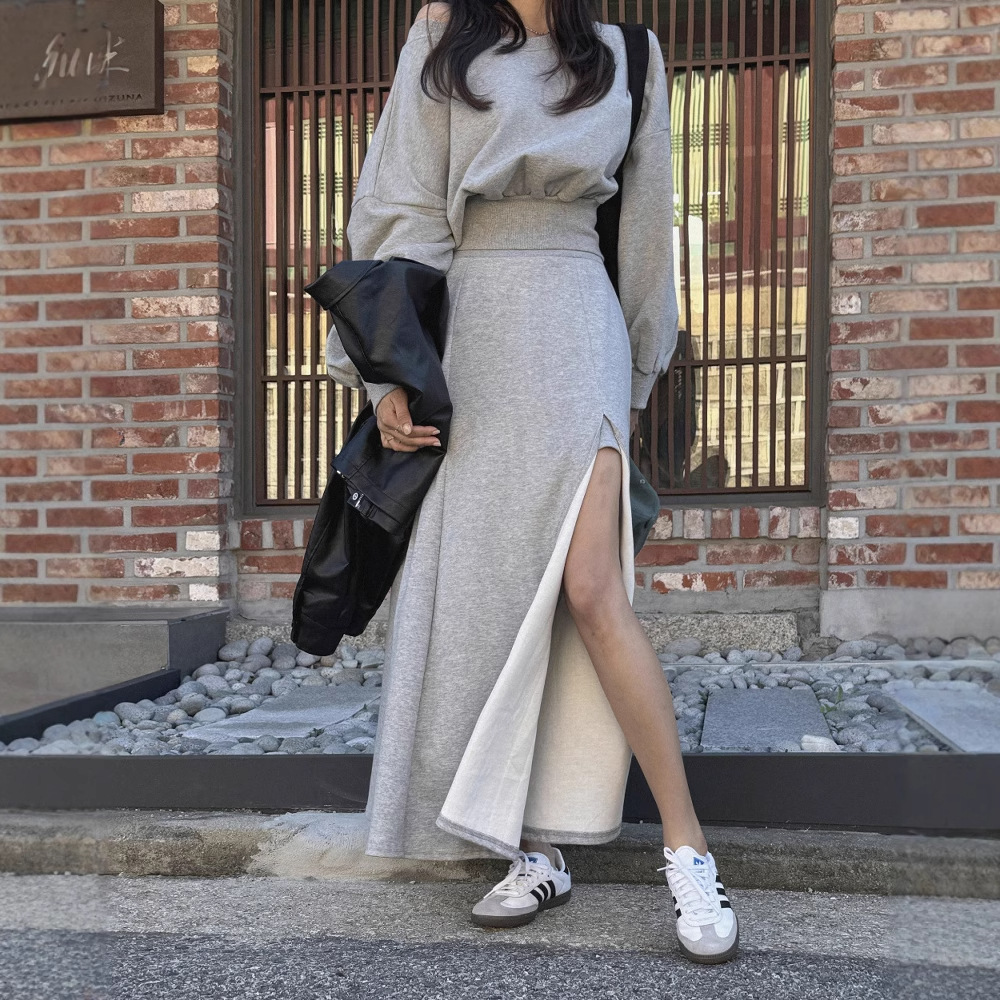 Korean chic New trendy off-shoulder cropped sweatshirt + side-slit maxi skirt set K010617