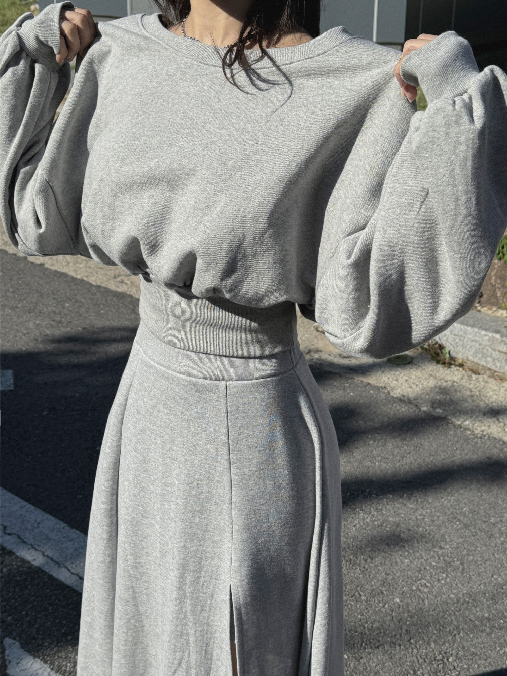 Korean chic New trendy off-shoulder cropped sweatshirt + side-slit maxi skirt set K010617