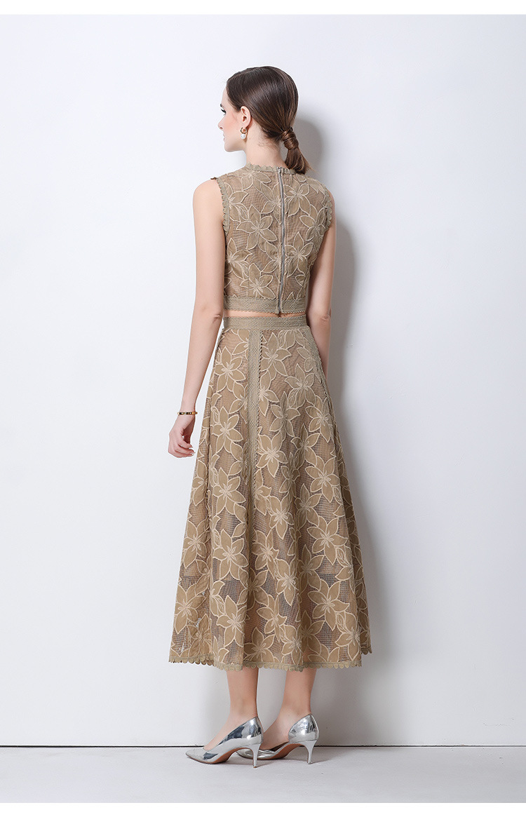 Elegant Lace Crop Top And Skirt Set Sleeveless Floral Embroidery Cocktail Dress K26032402