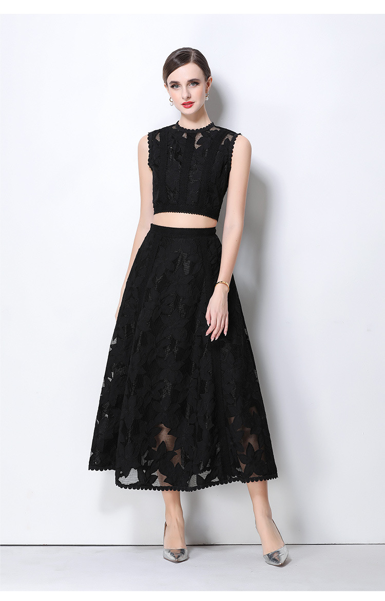 Elegant Lace Crop Top And Skirt Set Sleeveless Floral Embroidery Cocktail Dress K26032402