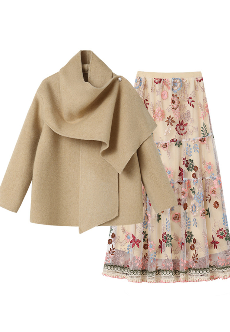 Two-Piece Set Double-Faced Wool Coat & Bead-Embroidered Patchwork Midi Skirt CA2025121518KI