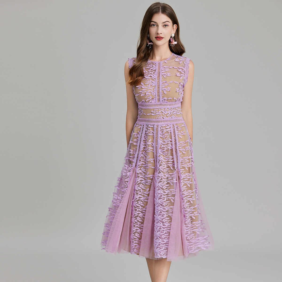 New S/S Elegant Round neck sleeveless lace embroidery summer dress K26011210