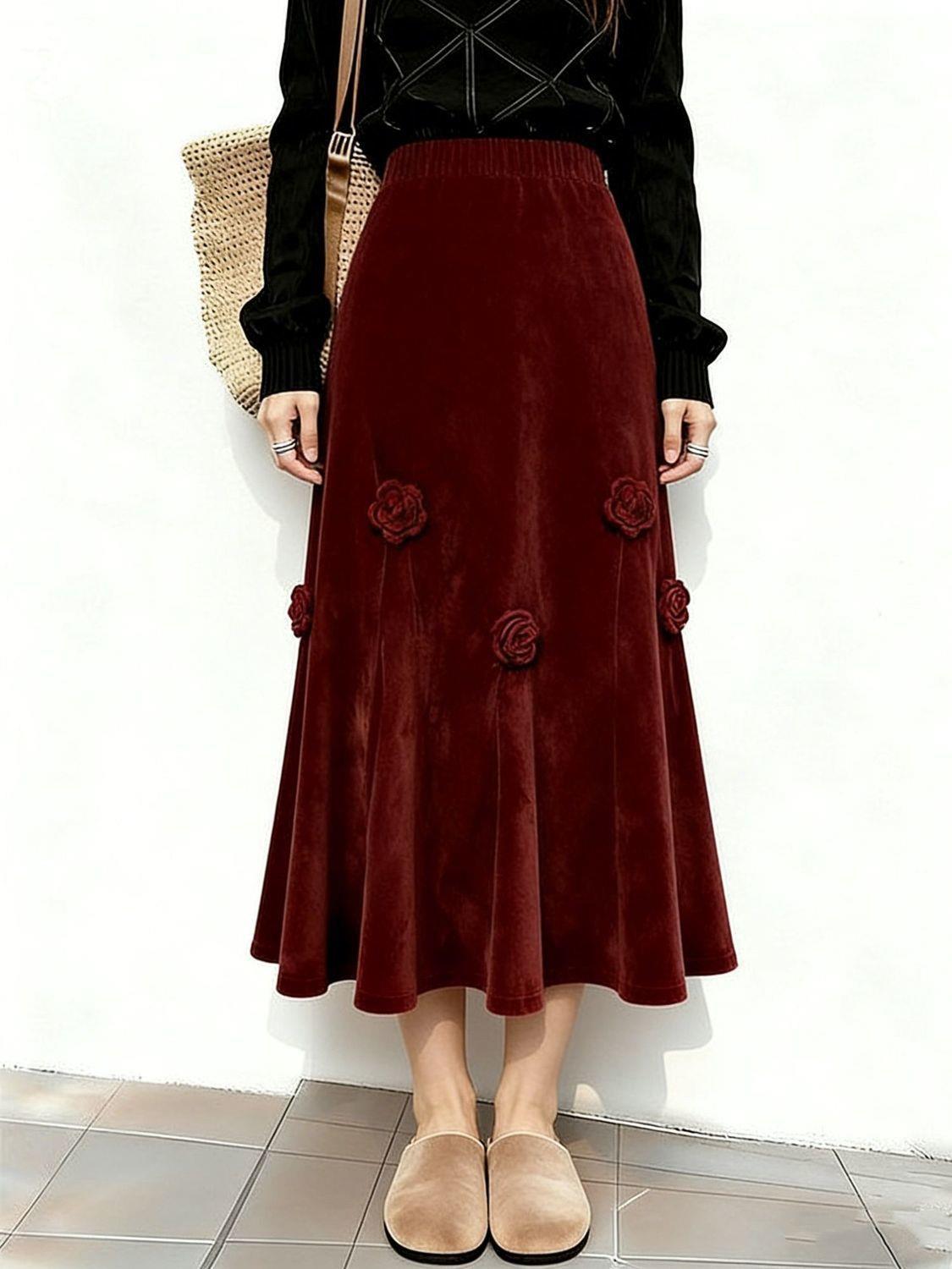 New Elegant 3D floral velvet midi A-line silhouette skirt K26012007