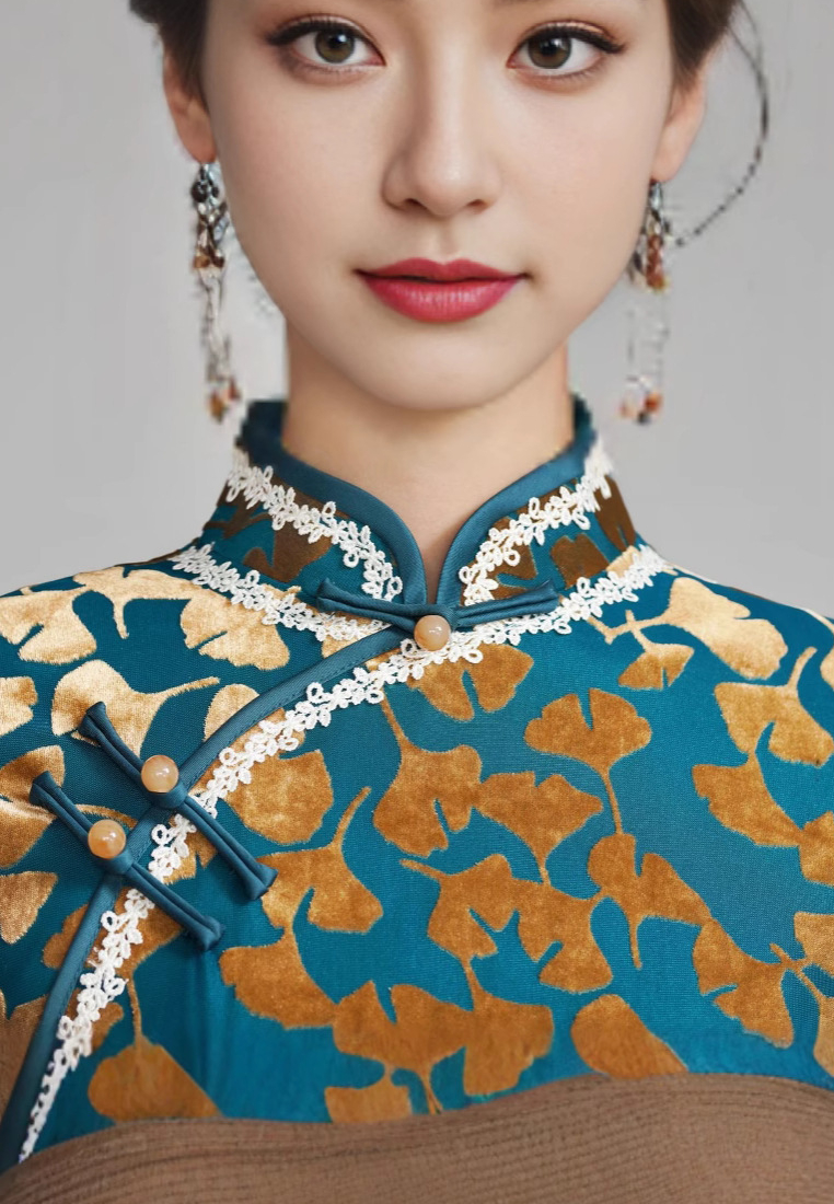 Vintage Velvet Gold Print Improved Cheongsam Elegant Slim Slit Maxi Dress K26012802