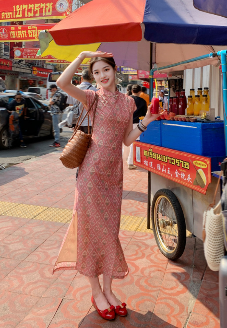 Vintage Pink Rhombus Improved Cheongsam Slim Fit Daily Dress K26012801