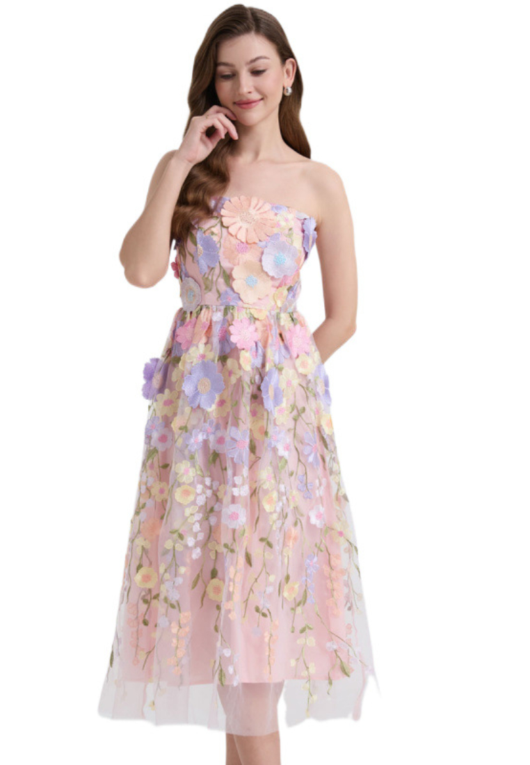 Strapless 3D Floral Tulle Midi Dress Prom Party Wedding Guest Dress K26032301