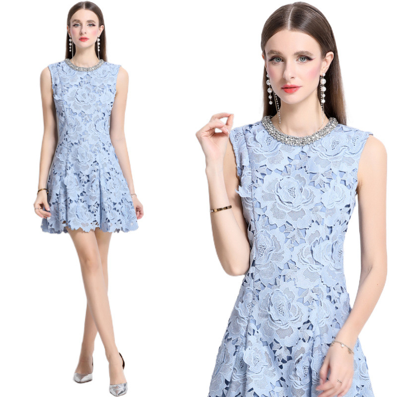 Sleeveless Lace Mini Dress With Rhinestone Neckline Dusty Blue Cocktail Party Dress K26032401