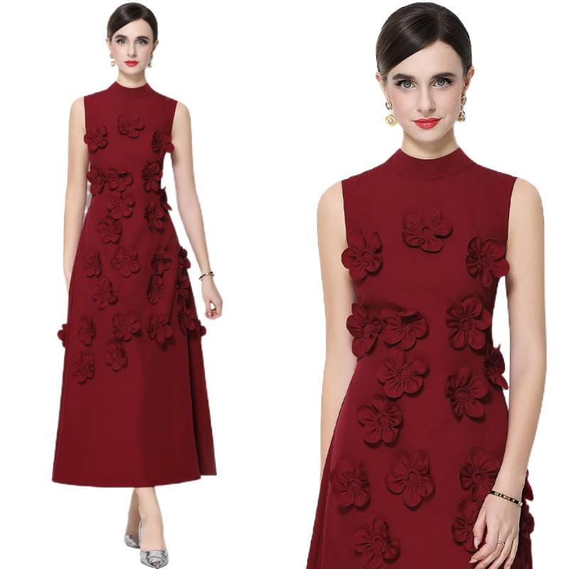 Elegant 3D Flower Patchwork Sleeveless High Neck Maxi Gown Wedding Guest Dress K26032403