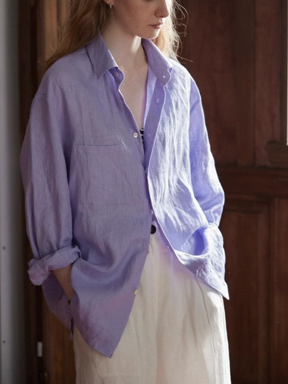 Natural Linen Long Sleeve Button Down Shirt Lavender Casual Oversized Blouse K26032405