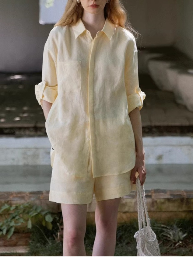 Classic Linen Long Sleeve Shirt And Shorts Set Women Casual Two Piece Outfit K26032406