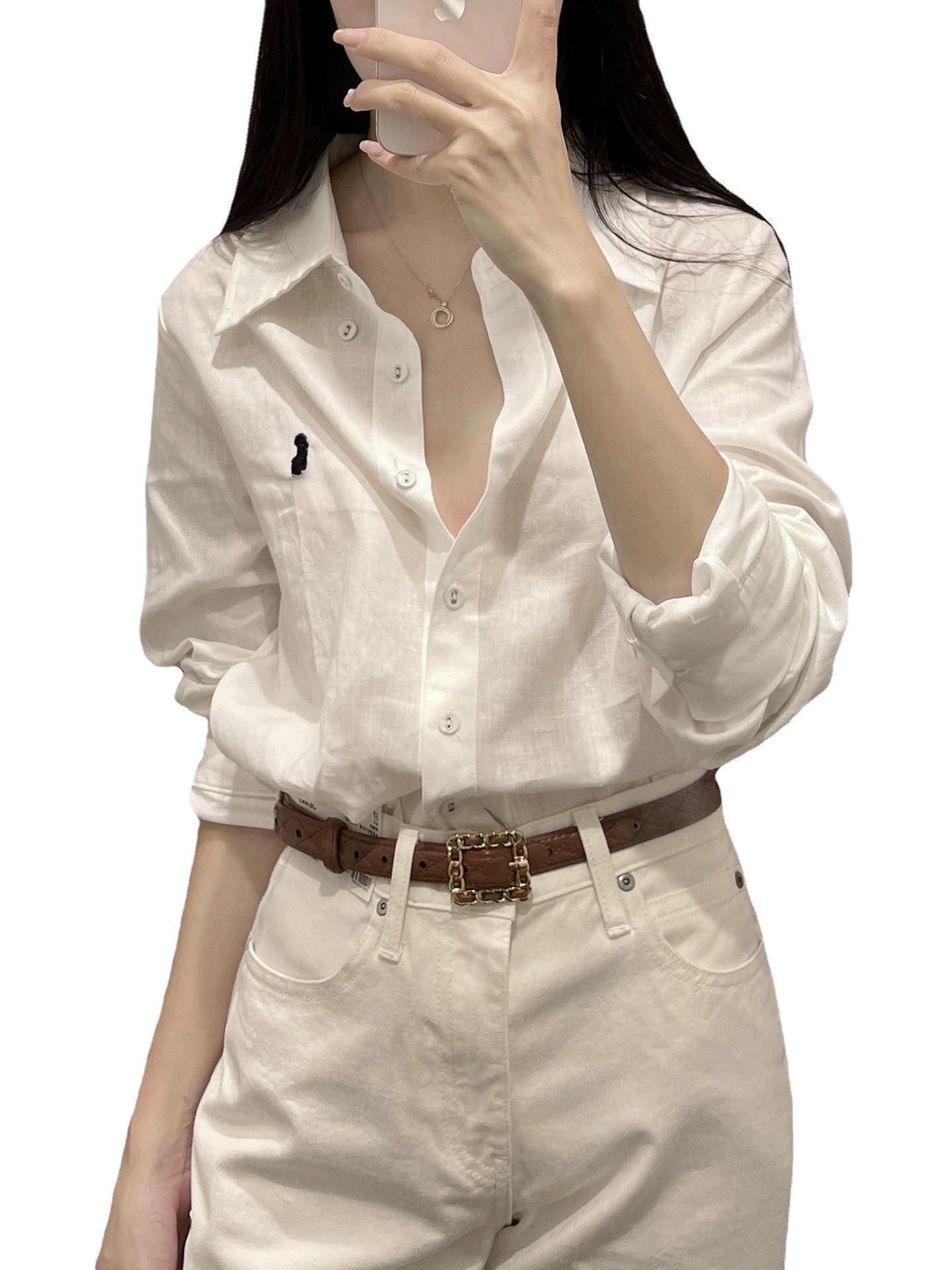 Linen Long Sleeve Button Down Shirt With Small Horse Embroidery Loose Fit Sun Protection Blouse K26032407