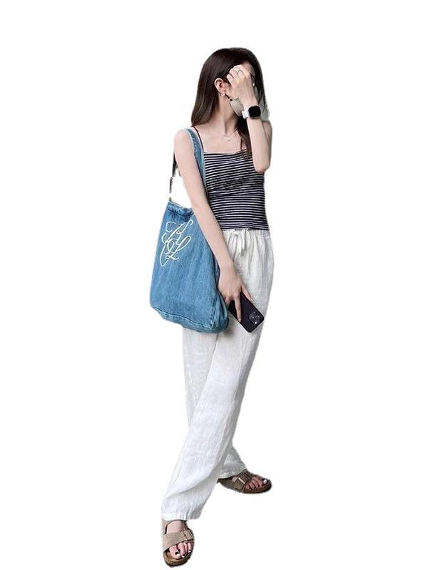 High Waist Cotton Linen Wide Leg Pants Loose Fit Casual Straight Leg Trousers K26032408