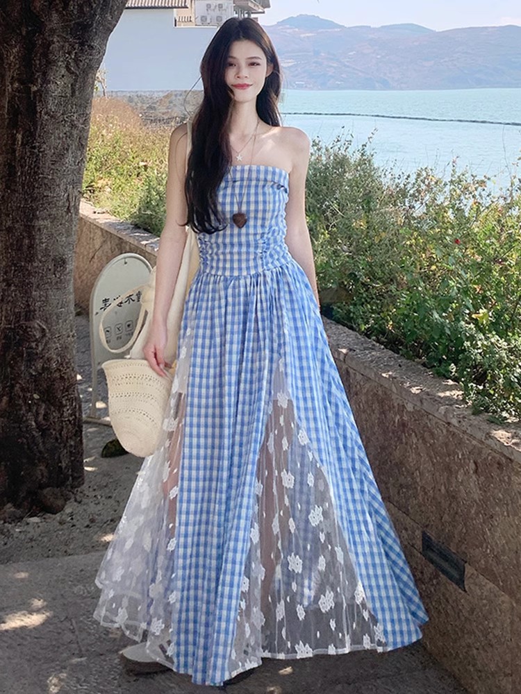 Gingham Spaghetti Strap Maxi Dress Red Plaid Boho Beach Long Dress K26033103